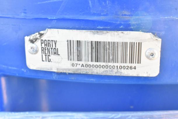 Blue trash can with "Party Rental Ltd." label and barcode, showing signs of wear. Includes 11 cans in lot.