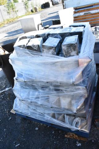 Shrink-wrapped pallet with 100 black wrought iron metal lanterns. Lanterns appear new, stacked securely for transport.