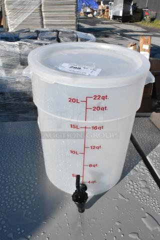 Brand new 22 quart clear poly beverage holder dispenser with gradation markings, lid, and spout. Scratch and dent condition.