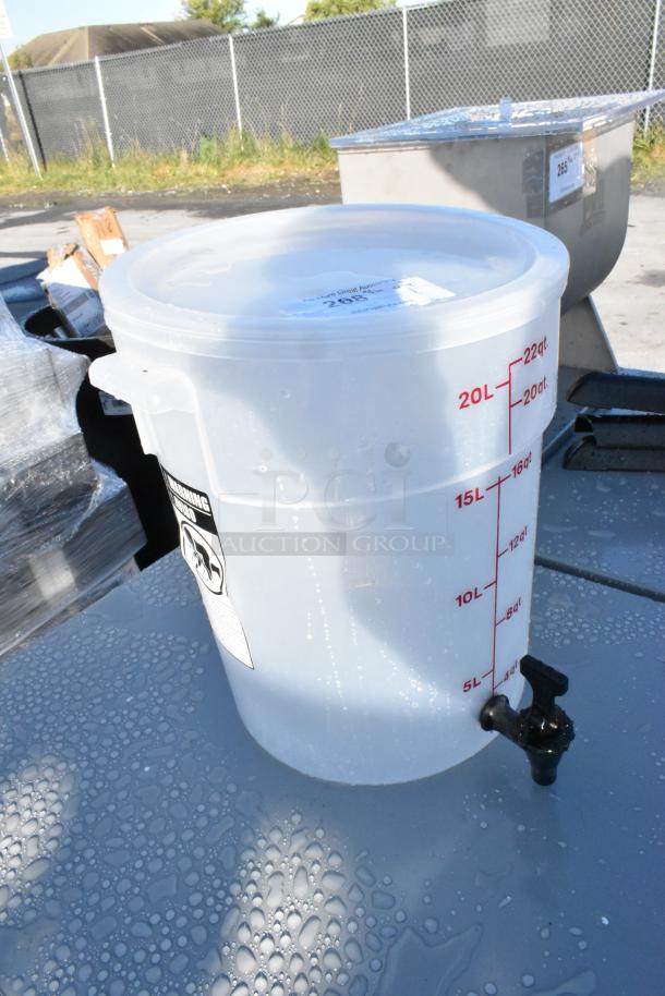 Clear poly 22-quart beverage holder with spigot, brand new scratch and dent condition, marked in quarts and liters.
