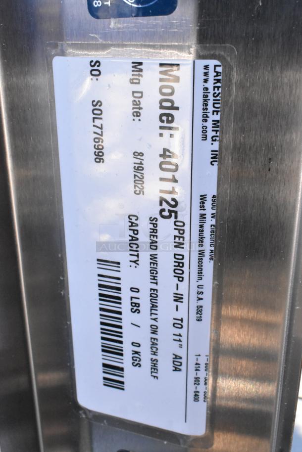 Alt text: Brand new Lakeside 401125 drop-in dish dispenser for 10 1/4" to 11" dishes, minor scratches, label with model info.