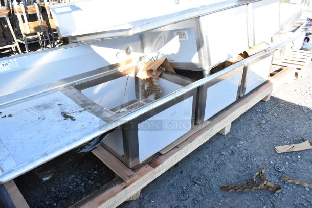 Regency 600S32424224 stainless steel 3 bay sink, dual drain boards, brand new scratch and dent, no legs, on pallet.