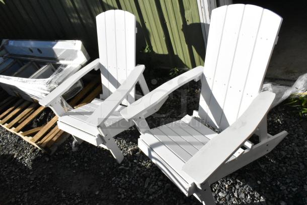 Two brand new white Adirondack chairs, slight scratch and dent, durable wooden design, ideal for outdoor use.