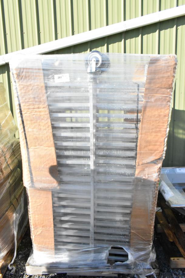 New Regency 20 Pan Aluminum Steam Table Pan Rack, assembled, in packaging. Scratch and dent condition, includes label "281".