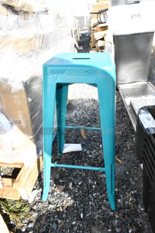 Teal topaz Lancaster Table & Seating outdoor cafe barstool. Brand new with minor scratches and dents. Sturdy alloy design.