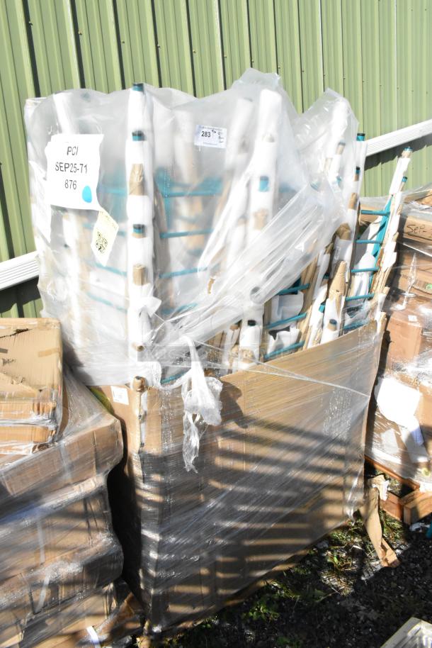 Pallet of 60 Lancaster Table & Seating 164BMCAFETEL Alloy Teal Topaz outdoor barstools, wrapped, tagged as scratch and dent.