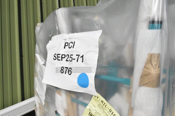 60 new Lancaster Table & Seating Alloy Teal Topaz outdoor cafe barstools. Scratch & dent condition. Marked "PCI SEP25-71 876".