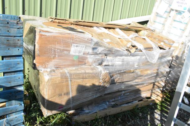 Bundle of 18 scratch and dent items including butcher block tabletop, pizza dough box rack, and equipment stand, wrapped on pallet.