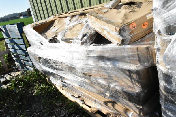 18 items including butcher block tabletop and pizza dough box rack, wrapped in plastic, some with visible damage.