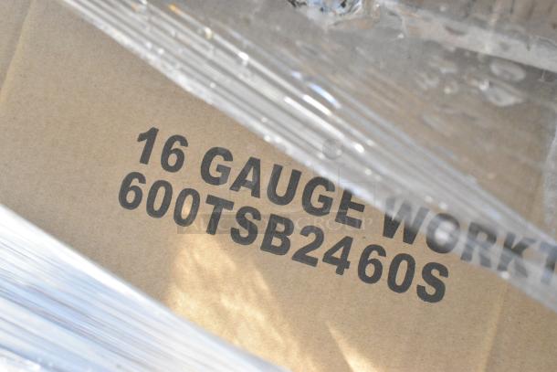 Cardboard packaging with "16 GAUGE WORK, 600TSB2460S" visible through plastic wrap, indicating item specifications.