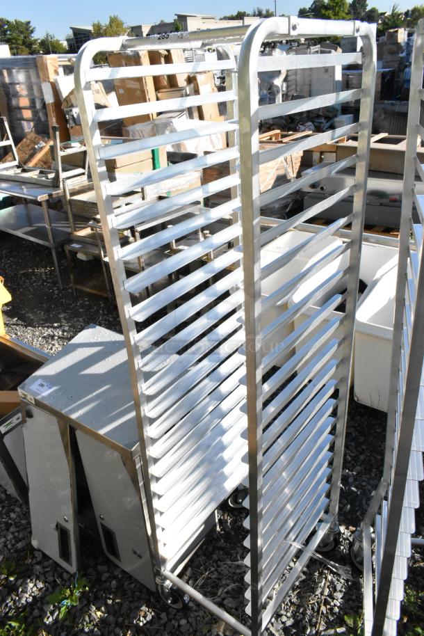 Brand new Regency 600STPR20KD 20 pan aluminum steam table pan rack, scratch and dent condition, on wheels.