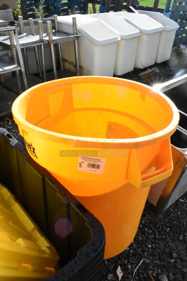 Brand new Lavex 32-gallon yellow trash can, model 475TCRND32YW, with minor scratches; commercial use, label visible.