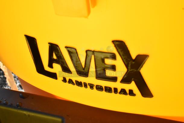 BRAND NEW Lavex 32 Gallon Yellow Trash Can. Scratch and dent. Model 475TCRND32YW. "Lavex Janitorial" logo visible.