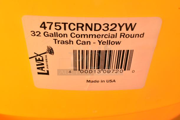 Brand new Lavex 32 gallon yellow round commercial trash can, model 475TCRND32YW, labeled and made in USA.