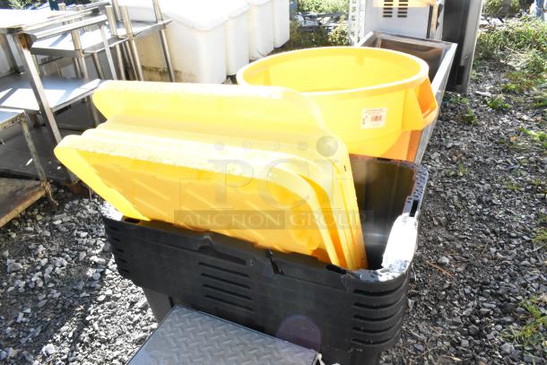 6 brand new black poly bins with yellow lids, slight scratches and dents, perfect for storage. Auction includes six times bid.