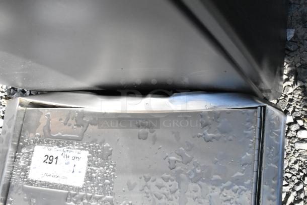 Brand new stainless steel wall mount trash can with dispenser. Visible dent and water droplets; label shows item number 291.