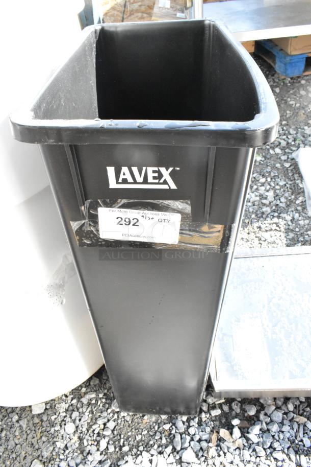Lavex black Slim Jim trash can, scratch and dent condition, new, visible label with auction info.