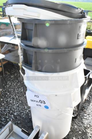 4 BRAND NEW SCRATCH AND DENT! Poly Trash Cans Including 275TCRND55GY and 475TCRND55WH. 4 Times Your Bid! - Item #1210069