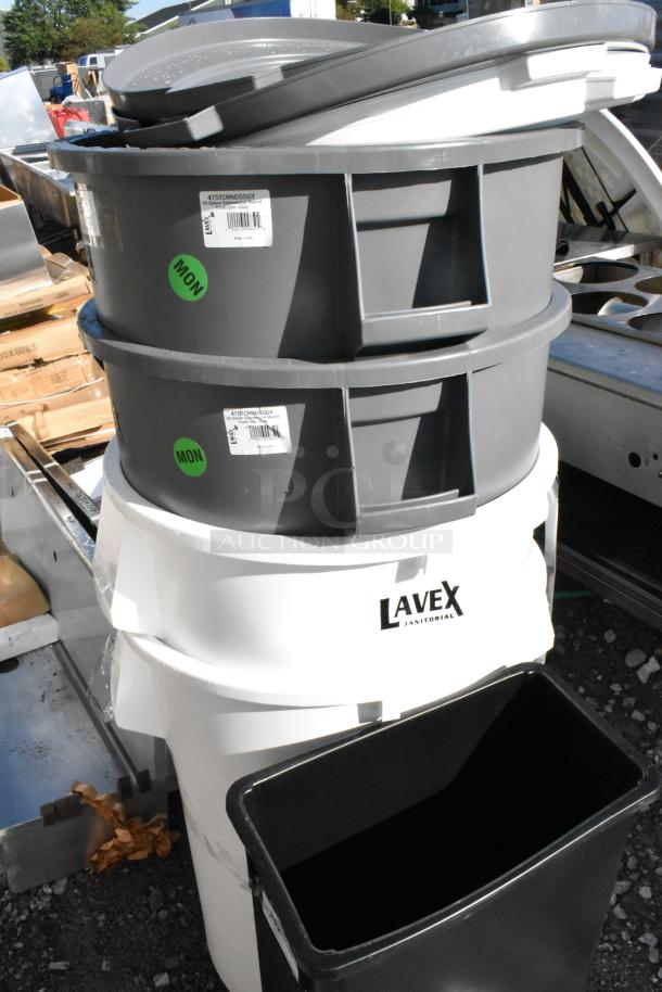Four new Lavex poly trash cans, models 275TCRND55GY and 475TCRND55WH, stacked, with "MON" labels, minor scratches.
