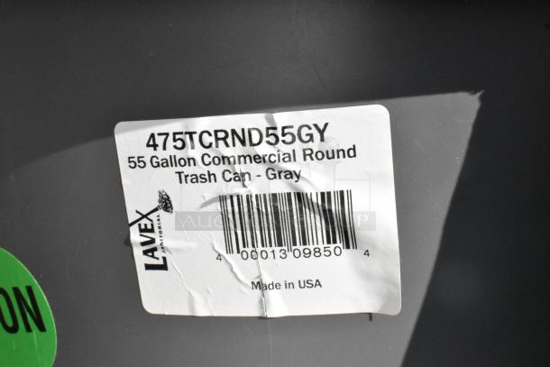 Gray 55-gallon Lavex trash can label, model 475TCRND55GY, commercial round design, Made in USA.
