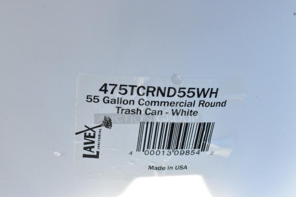 Label on 55-gallon white Lavex trash can, model 475TCRND55WH, indicating commercial use, made in USA.