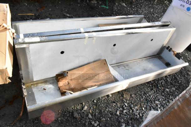 Brand new Regency 600HSMSB1872 wall-mounted 72"x17.5" hand sink for 3 single-inlet faucets, scratch and dent condition.