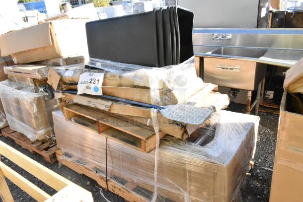 Pallet of 10 new scratch and dent items, including wire shelves and trash cans, wrapped in plastic with visible labels.