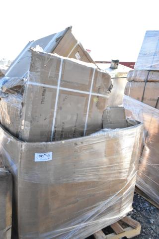 Pallet with 8 new scratch and dent items, including shelf and liquor display rack, in original packaging with visible labels.