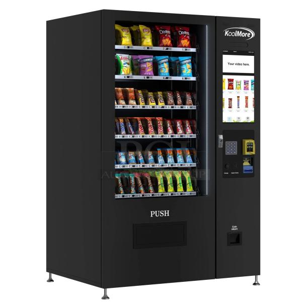 BRAND NEW SCRATCH AND DENT KoolMore KM-VMNT-50-BR vending machine with 60 slots, non-refrigerated, stocked shelves.