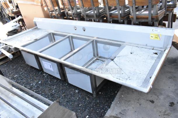 BRAND NEW Regency 600S32030224 stainless steel 3 bay sink with dual drain boards, scratch and dent condition.