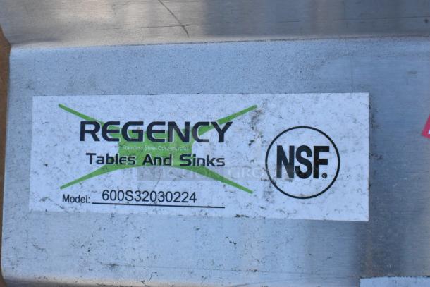 Regency stainless steel 3 bay sink label, model 600S32030224, NSF certified. Scratch and dent condition, dual drain board.