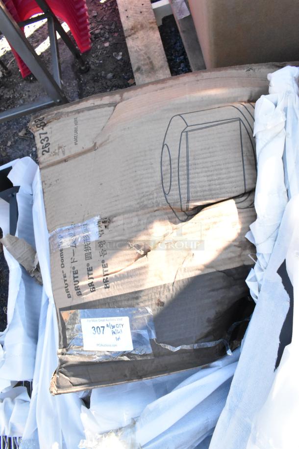 Lot of brand new scratch and dent items, including chrome wire shelves, metal pieces. Worn cardboard packaging visible.