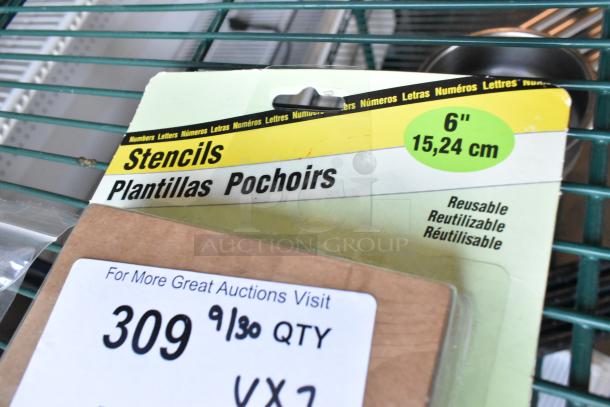 6-inch stencil pack, labeled "Reusable" in multiple languages, resting on a shelf. Auction tag reads "309 9/30 QTY."