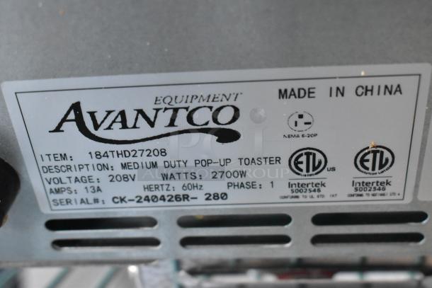 BRAND NEW Avantco THD27208 toaster label showing model, voltage 208V, 2700W power, and ETL certification markings.