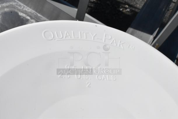 White Quality-Pak 9.5L bin, embossed with "9.5 LITERS 2.5 U.S. GALS," brand new with minor scratches or dents.