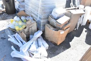 Boxes of 6 brand new scratch and dent items, including Visions 6" black disposable plastic tongs, 72 per case.