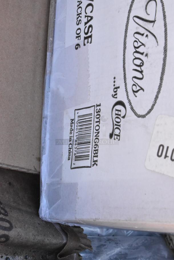Box of Visions 130TONG6BLK black disposable plastic tongs, 72 per case, made in China, label visible.