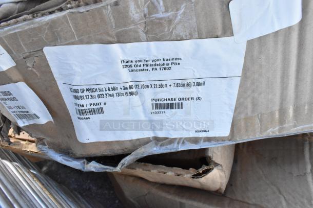 Damaged box labeled "Stand Up Pouch 5x8.5x3 in, 1000/BX, 3.00 mil, 27.8 oz, 13 lbs." Contains new disposable black tongs.