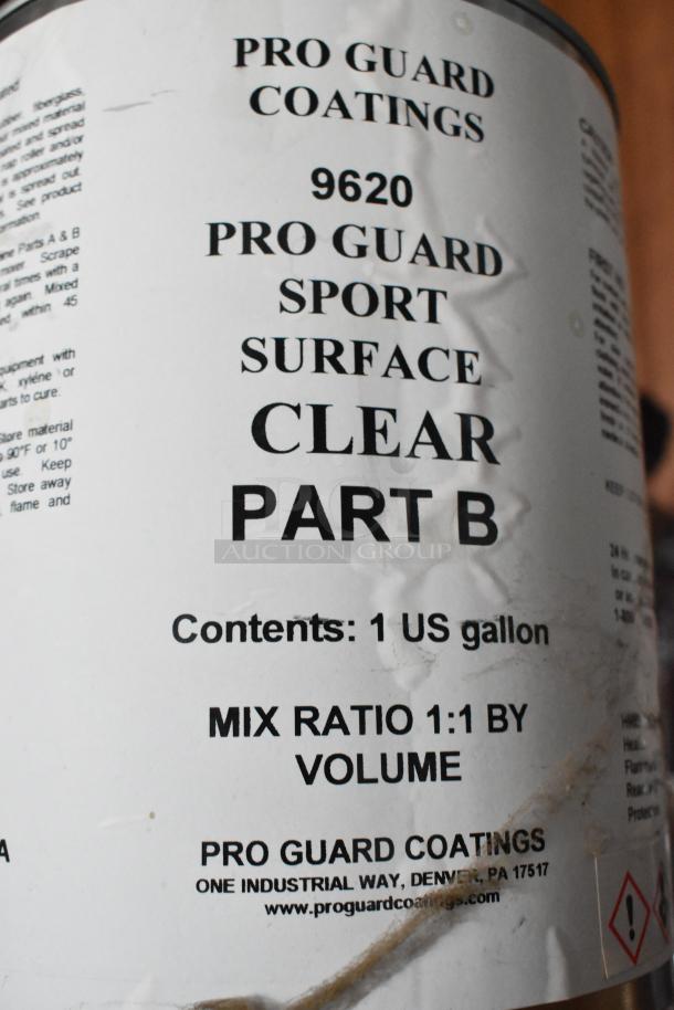 Container of Pro Guard 9620 Sport Surface Clear Part B, 1 gallon, mix ratio 1:1, from Pro Guard Coatings, showing labels.