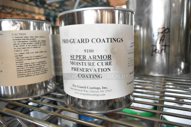 25 Pro Guard chemical cans, including 9620 Sport Surface Clear Part B and 9100 Super Armor Coating, on a metal shelf.