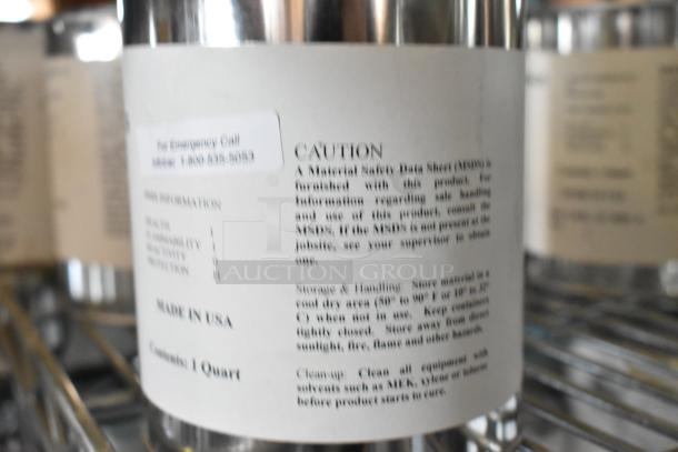 25 Pro Guard chemicals cans with labels displaying caution and handling instructions, including 9620 and 9100 coatings.