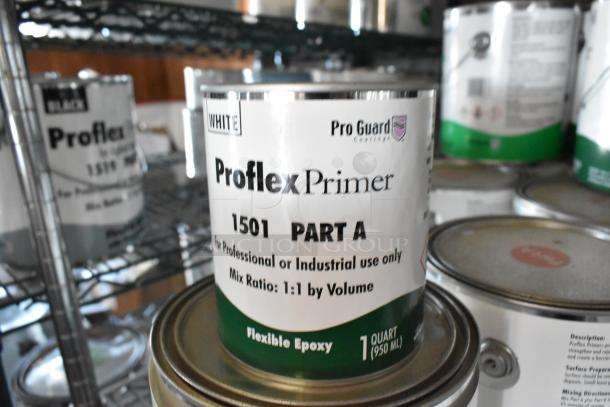 Alt text: "30 Pro Guard chemicals including Proflex Primer 1501 Part A. Flexible epoxy, 1 quart each, for professional use."