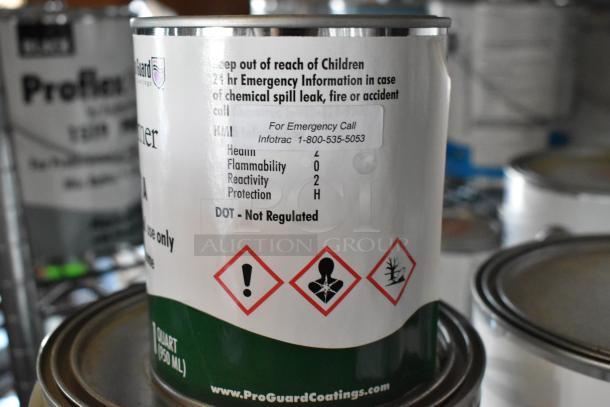 30 Pro Guard Chemicals, including 1501 Proflex Primer Part A, featuring emergency contact details and safety symbols.