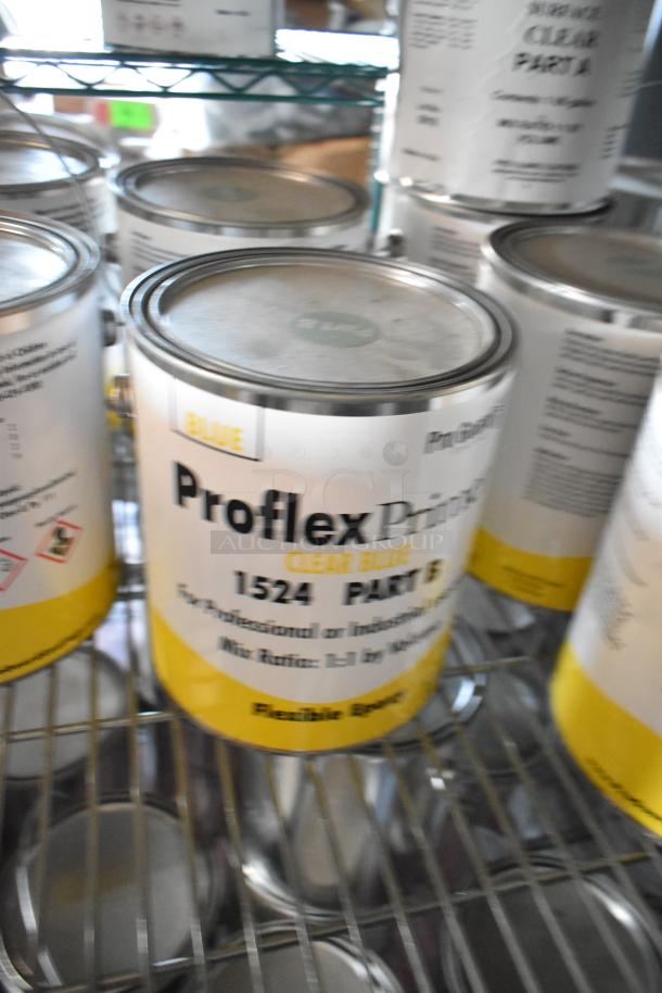 18 Pro Guard chemical cans, including 1524 Part B Clear Blue Epoxy and 9620 Sport Surface Part A. Metal lids visible.