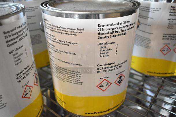 18 cans of Pro Guard Chemicals, including 1524 Part B Clear Blue Epoxy. Labels show HMIS data, corrosion and health warnings.