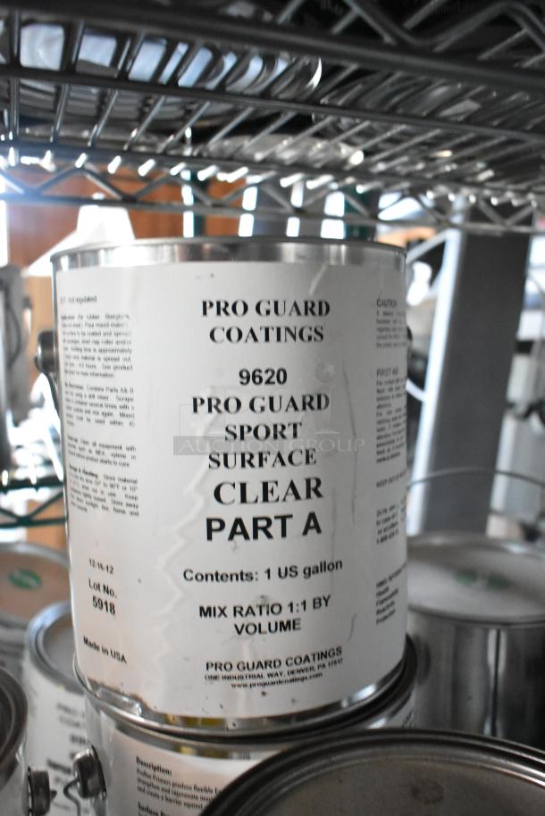 18 cans of Pro Guard Chemicals, including 1524 Part B Epoxy and 9620 Sport Surface Clear Part A. Auction multiplies bid. Tags show 1 US gallon each, mix ratio 1:1 by volume. Made in USA.
