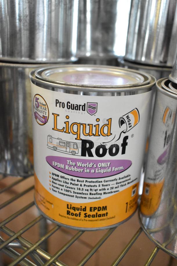 Pro Guard Liquid Roof Sealant can, featuring EPDM rubber formula, with a 5-year warranty label; seamless roofing protection.