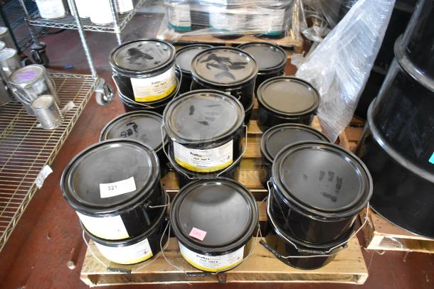 16 black buckets of Pro Guard chemicals, including 1524 Part B Clear Blue Proflex Primer. Labels show product details.