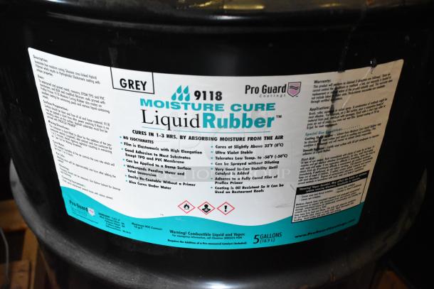 Pro Guard 9118 Moisture Cure Liquid Rubber, 5-gallon, grey color, elastomeric film, UV stable, cures in 1-3 hours.