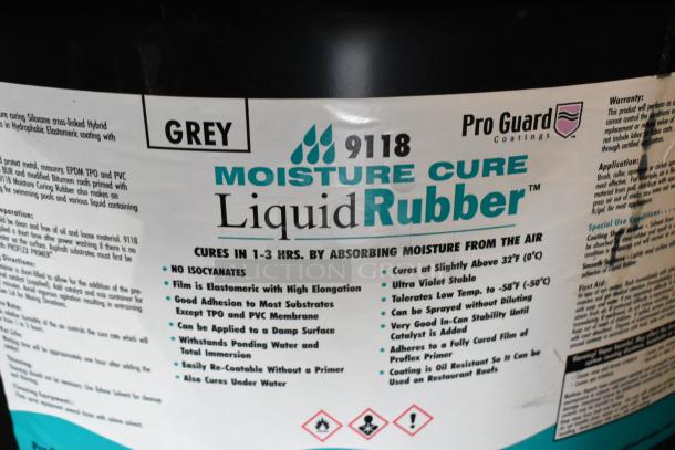 Pro Guard 9118 Moisture Cure Liquid Rubber, 5 Gallon, Grey. Cures in 1-3 hrs. Elastomeric film, no isocyanates.